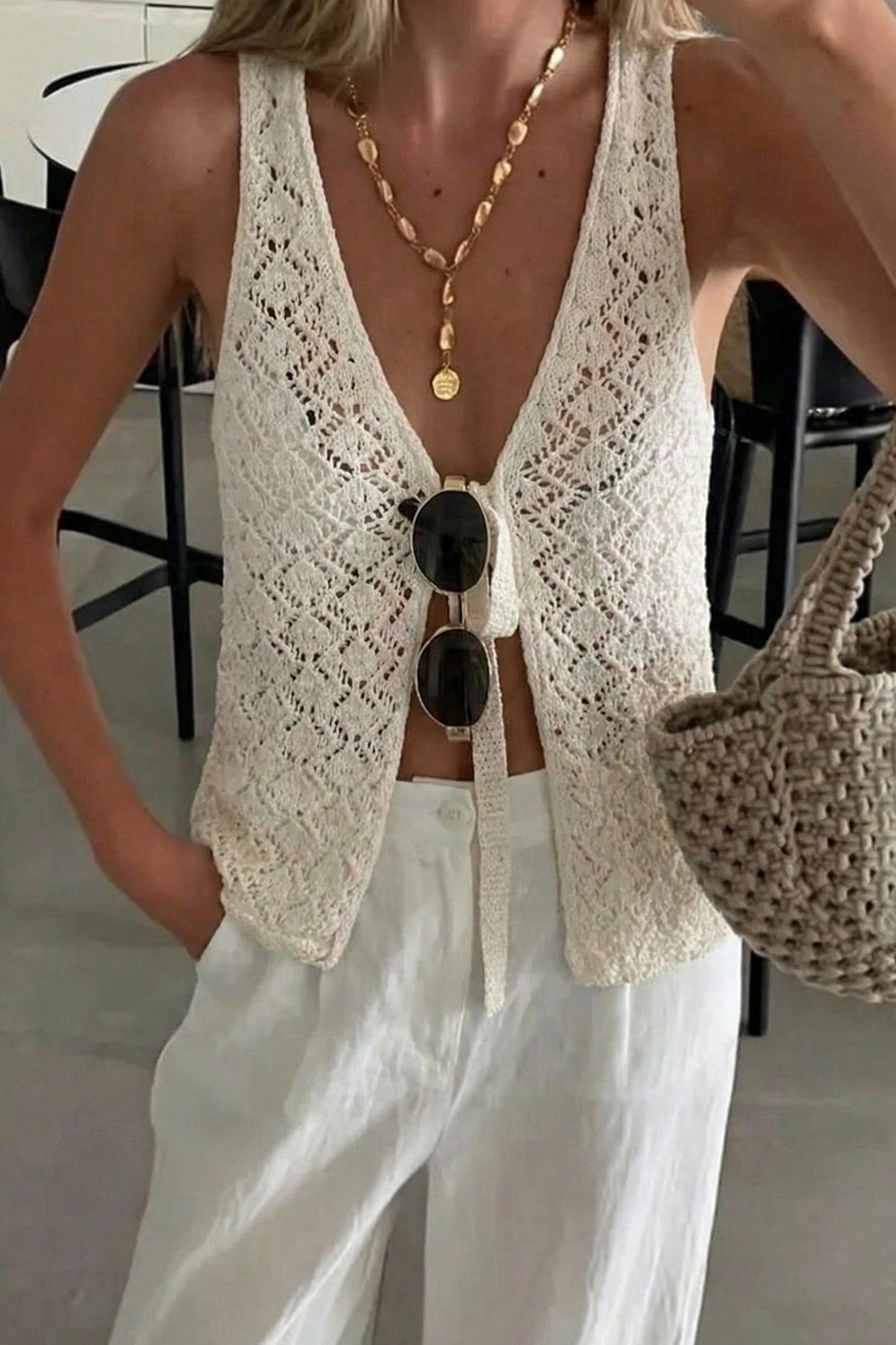 Cutout Knit V Neck Tie Front Casual Tank Top