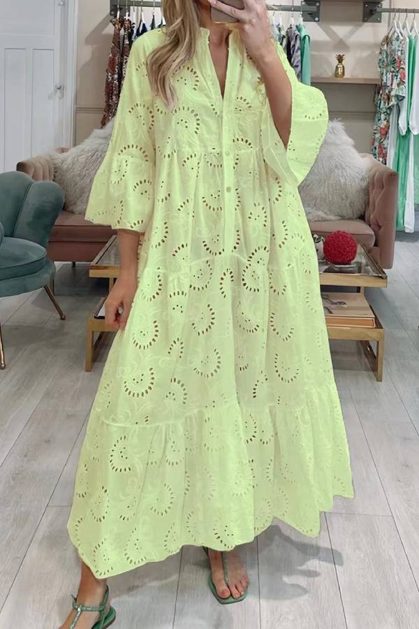 Eyelet Embroidery Maxi Dress Stand Collar Half Button 3/4 Flare Sleeve Loose Beach Vacation Dress
