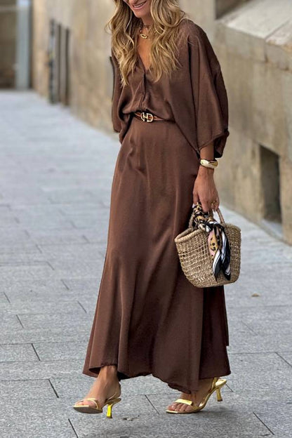 Dark Brown Satin Batwing Sleeve Top + Draped Maxi Skirt Two-Piece Set