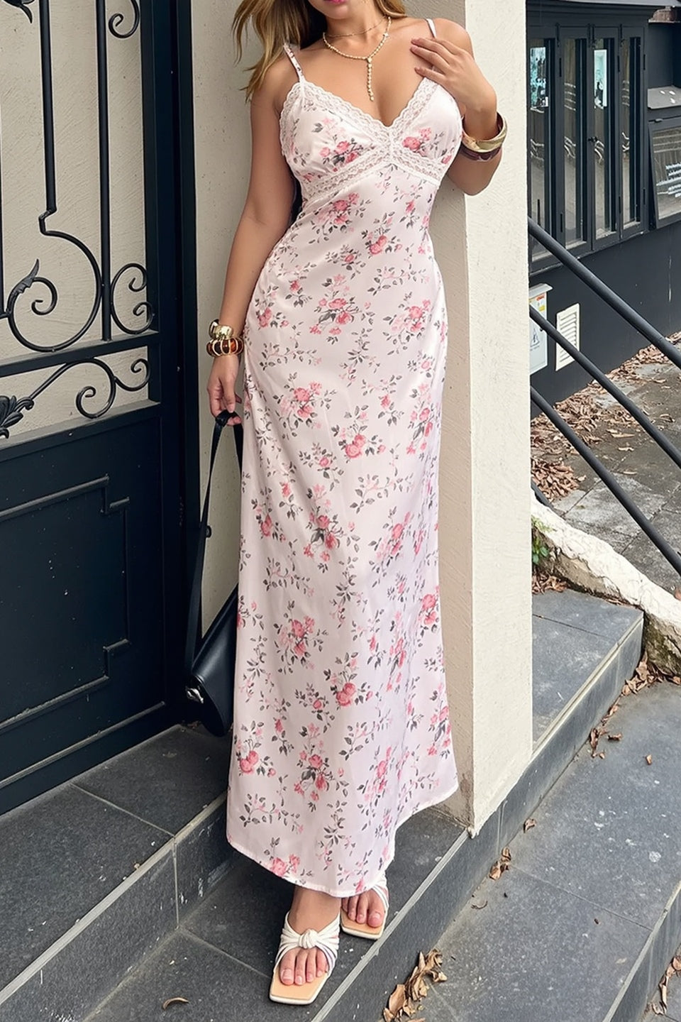 Floral V Neck Lace Panel Slim Maxi Slip Dress