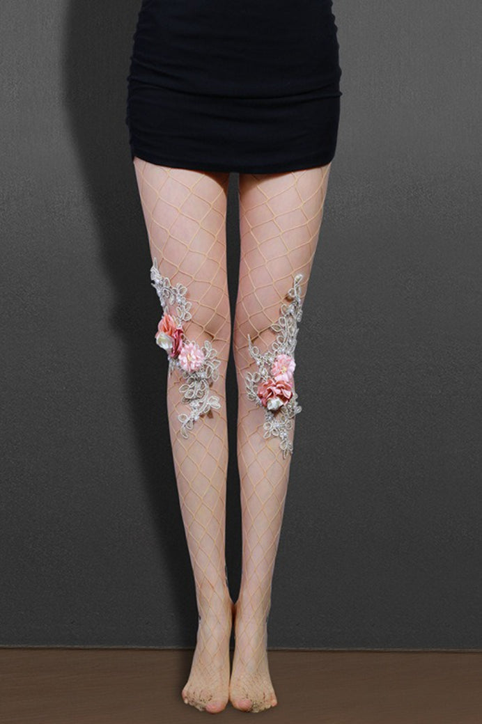Embroidered Flower Pearl Nude Fishnet Tights