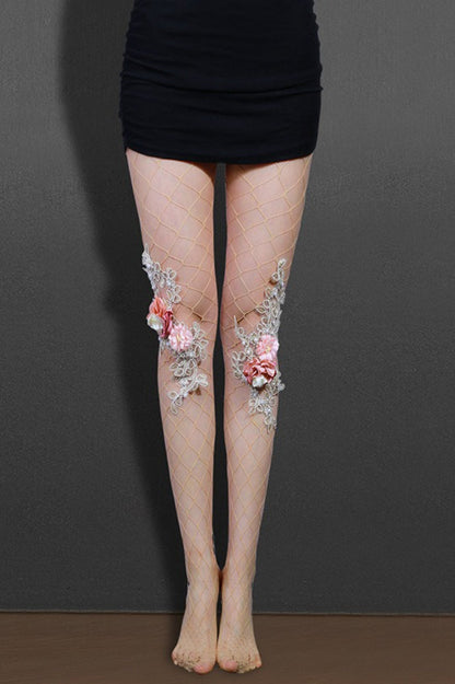 Embroidered Flower Pearl Nude Fishnet Tights