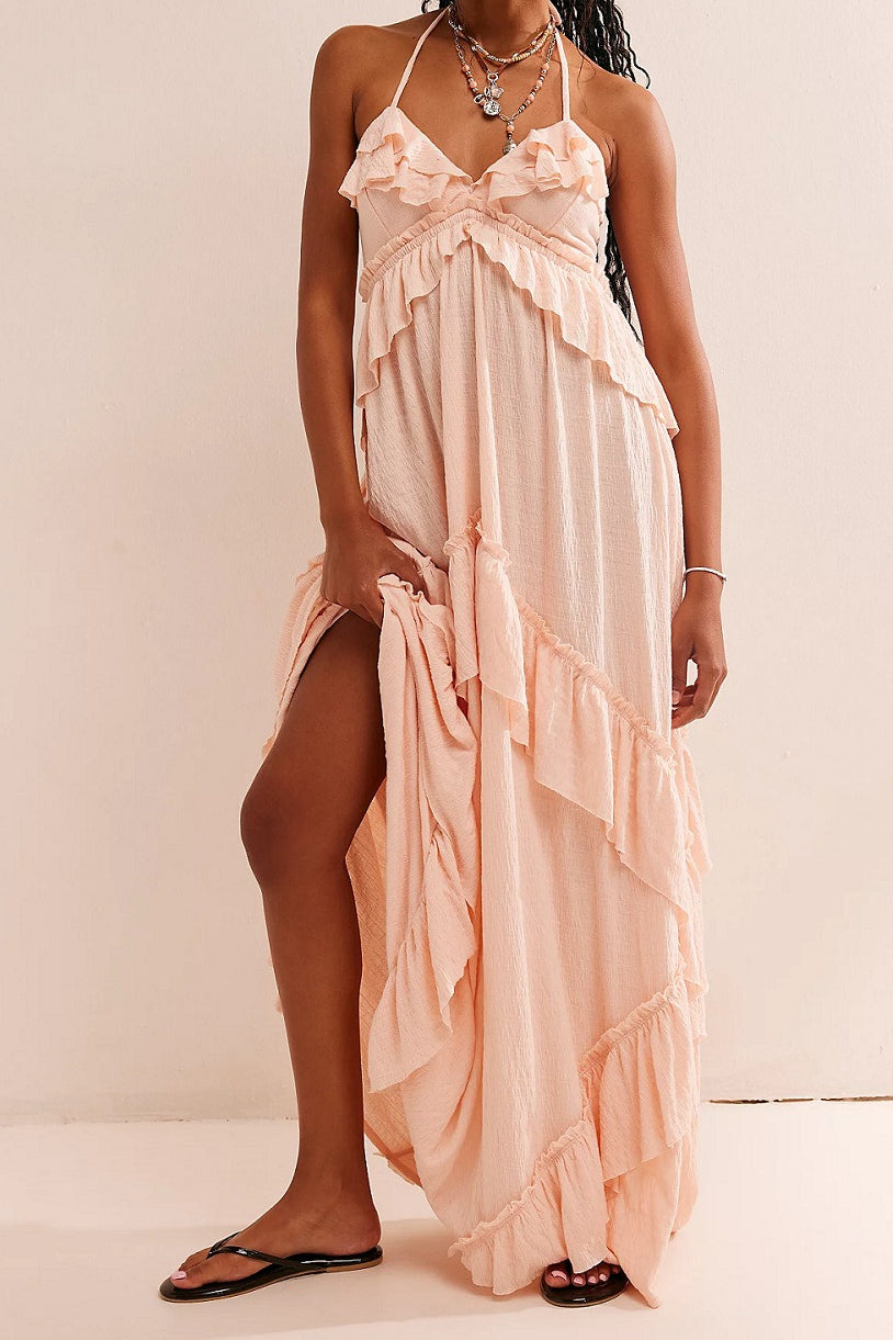 Solid Backless Ruffle Patchwork Boho Dress