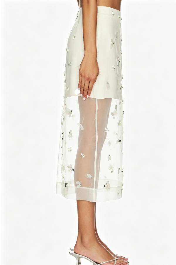 Chic Moment Sequined Organza Fabric Mid Rise Zipper Slit Midi Skirt