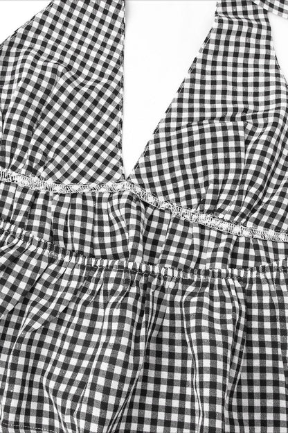 Deep V Halter Backless Checkered Halter Top