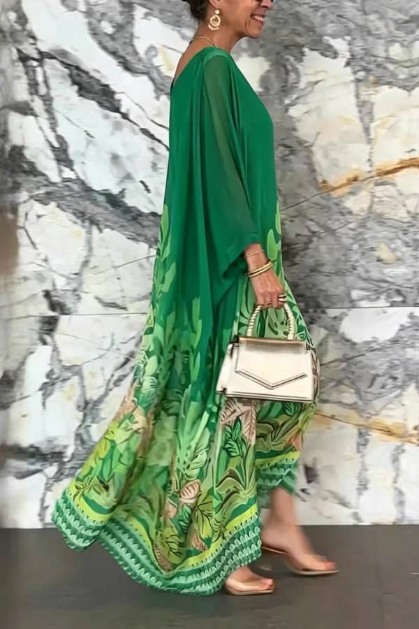 Batwing Sleeve Tropical Leaf Print Kaftan Maxi Dress Loose Cover Up Vacation Gown