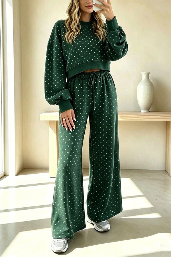 Relaxed and Casual Polka Dot Print Long Sleeve Sweatshirt and Drawstring Elastic Waist Pants Set