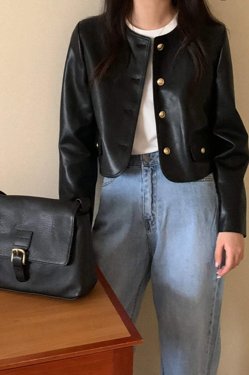 Retro O-Neck PU Leather Jacket