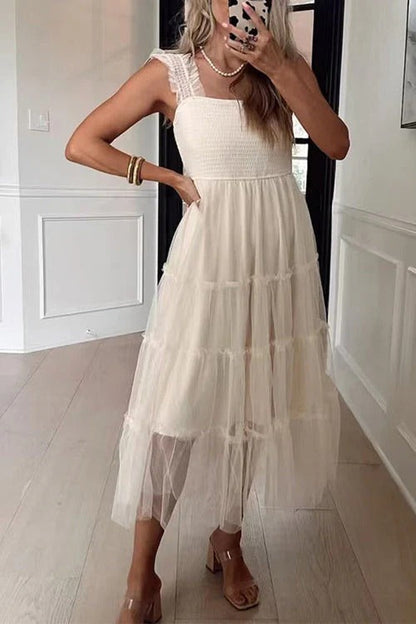 Square Neck Sleeveless Ruffle Tiered Midi Dress