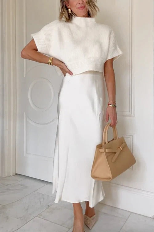 High Rise Solid Satin Midi Skirt