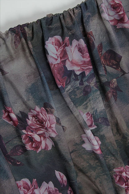 Halter Strapless Printed Mesh Maxi Floral Dress