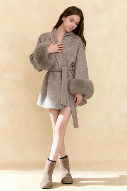 Grey Tie Waist Woolen Loose High-end Cape Medium Coats