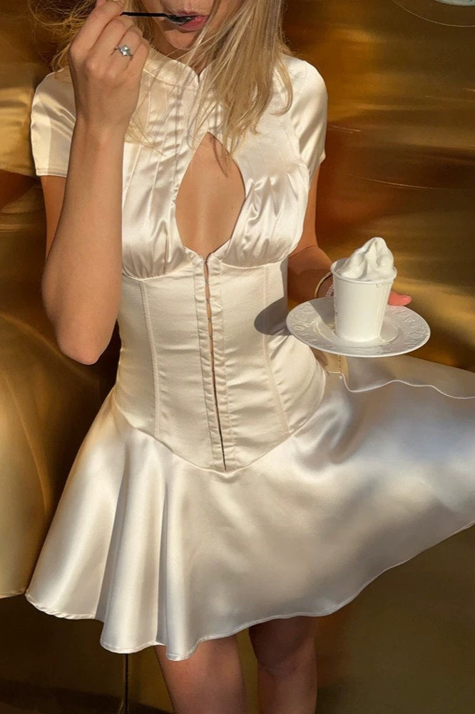 Satin Hollow Out Waist Elegant A Line Mini Dress