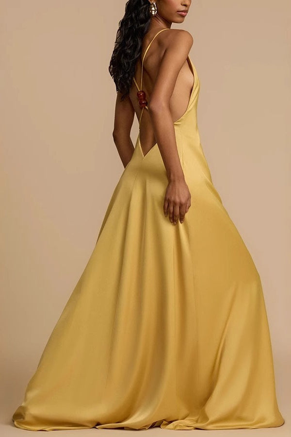 Satin Deep V Backless Maxi Silk Dress