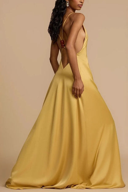 Satin Deep V Backless Maxi Silk Dress