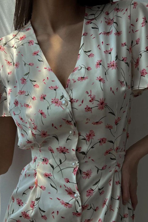 V Neck Tie Waist Short Sleeve Shirt Floral Dress