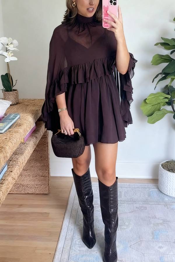 High Neck Sheer Ruffle Trim Cape Mini Dress