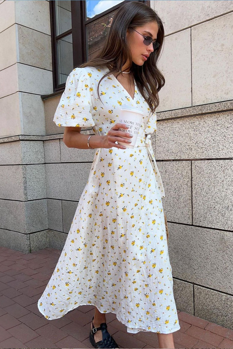 Cotton Printed V Neck Puff Sleeve Floral Dress
