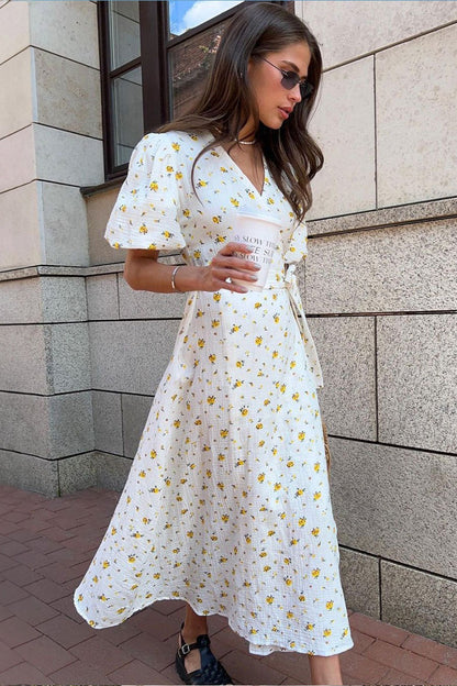 Cotton Printed V Neck Puff Sleeve Floral Dress