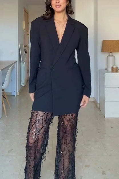 Yulissa Single Button Long Sleeve Fitted Waist Open Back Pocketed Lapel Blazer