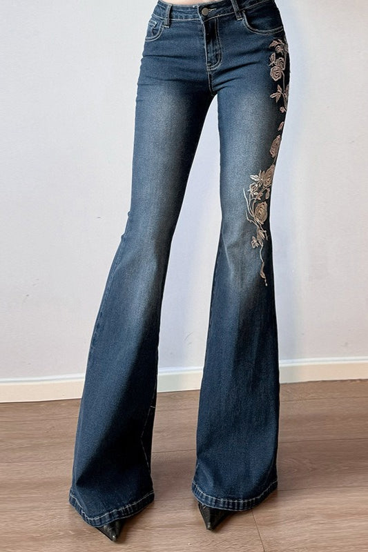Rose Embroidered Low Rise Flare Leg Jeans