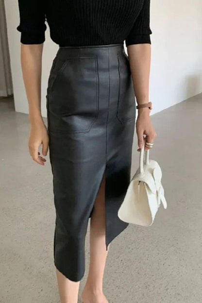Fall Winter Chic Split Design Slim Straight Faux Leather Skirt
