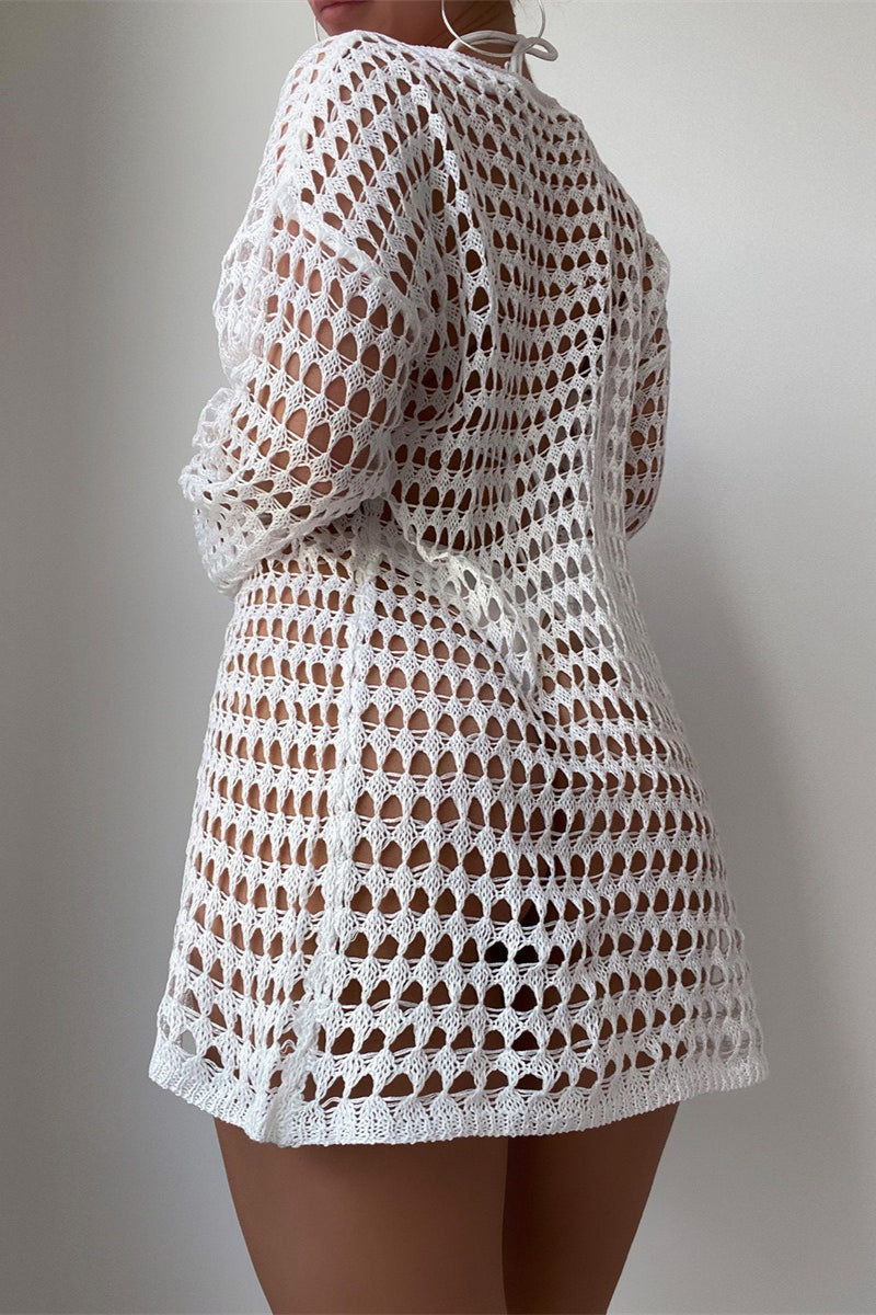 Hollow Out Knit Long Sleeve Cover Up