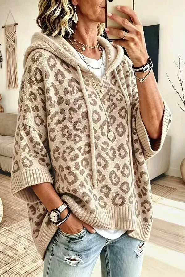 Comfortable and Casual Knit Leopard Print Half Sleeve Hoodie Sweater