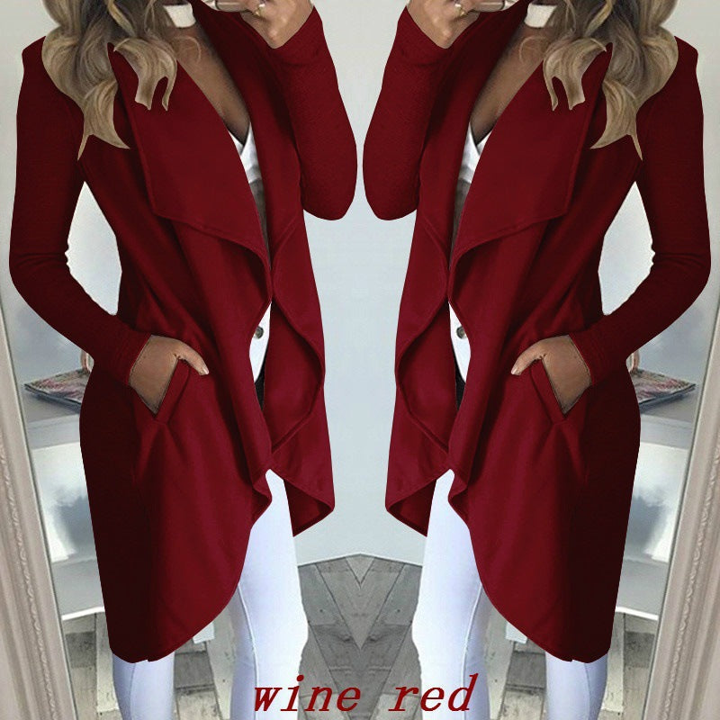 Fashion Solid Color Lapel Slim Long Windbreaker Jacket