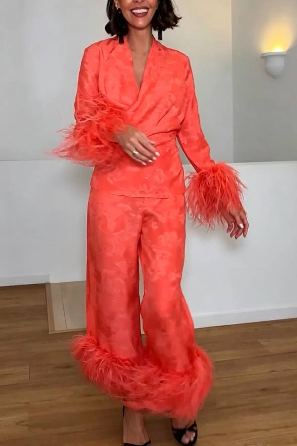 Nolana Satin Jacquard Print Feather Trim Warp Blouse and Elastic Waist Loose Pants Set