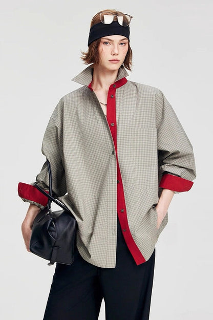 Plaid Cotton Collared Long Sleeve Top