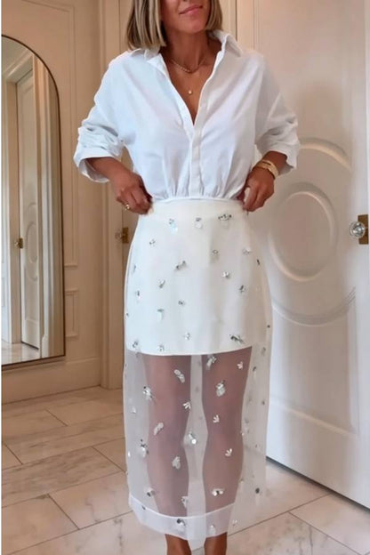 Chic Moment Sequined Organza Fabric Mid Rise Zipper Slit Midi Skirt