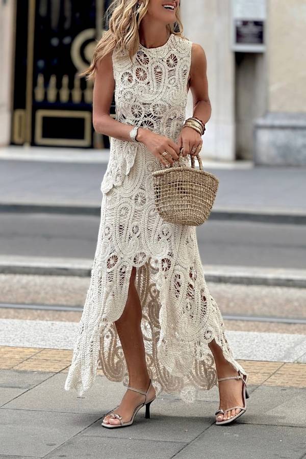Sleeveless Hollow-Out Crochet Maxi Dress Set