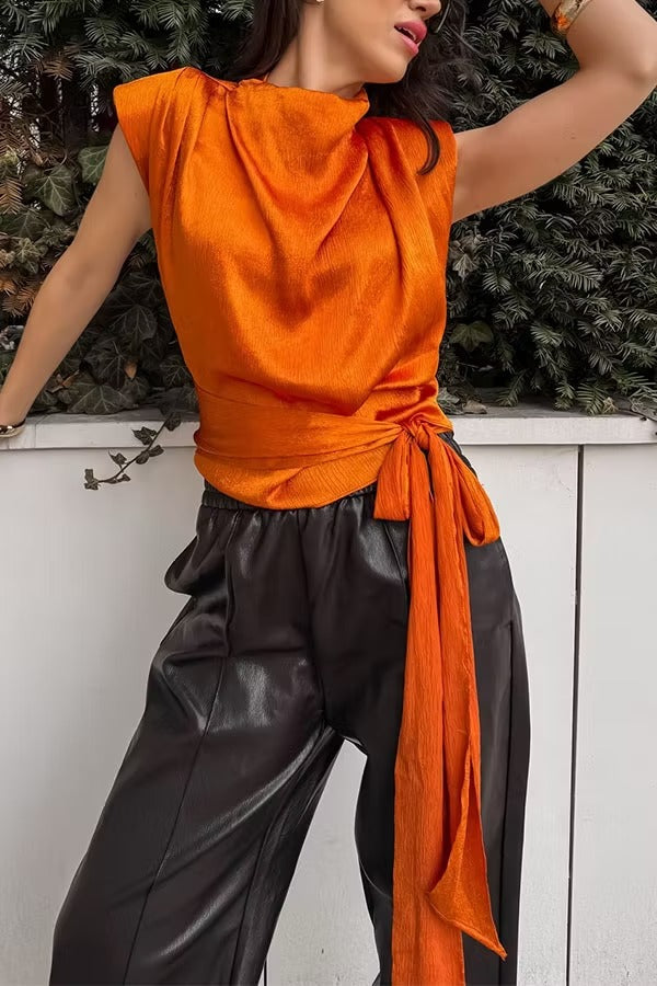 L'Aura Padded-Shoulder Wrap-Around Satin Top