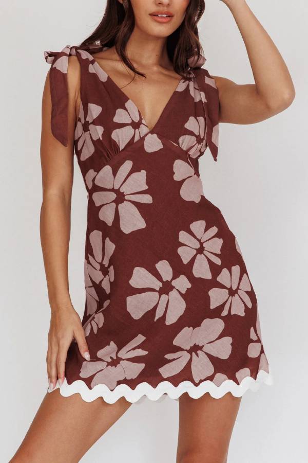 Mykonos Morning Tied Shoulder Mini Dress Floral Brown
