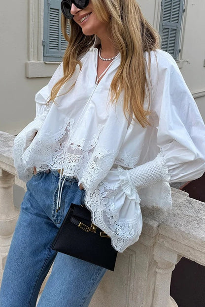 Court Style Lace Trim Stand Neck Balloon Sleeve Cape Blouse