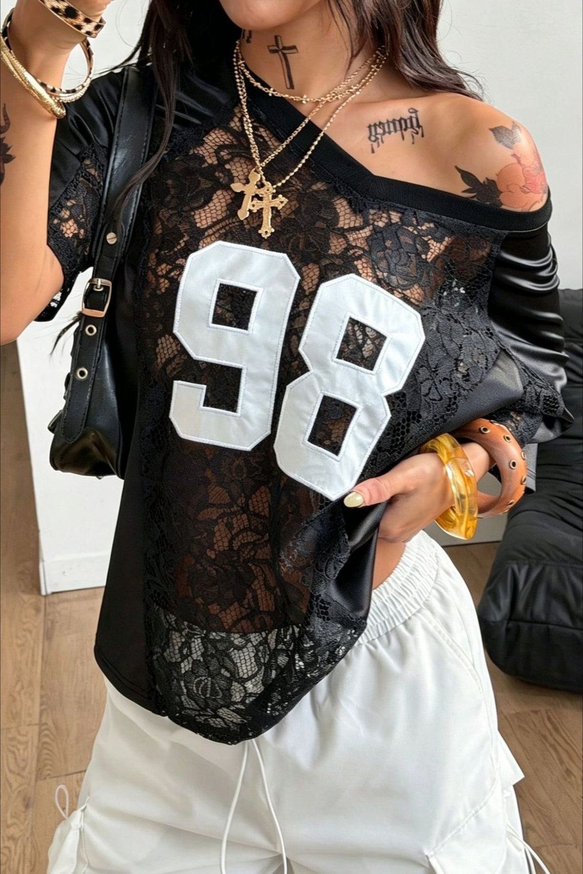 Graphic Print Lace Patchwork Loose Fit Short Sleeve Tee