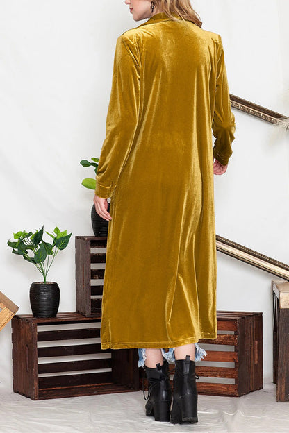 Yellow Velvet Elegant Open Front Pocket Long Cardigan
