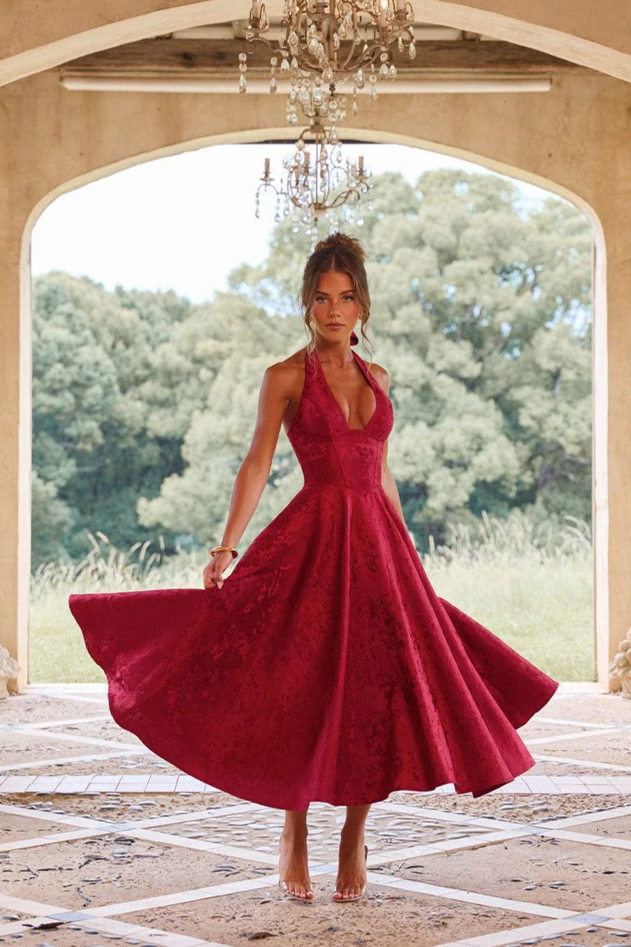 Jacquard Halter V-Neck Party Dress