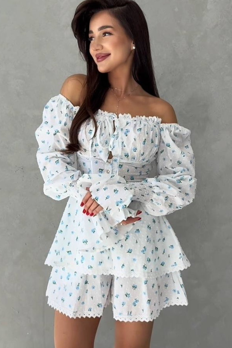 Lantern Sleeve Lace Up Off Shoulder Top Two Piece Shorts Set