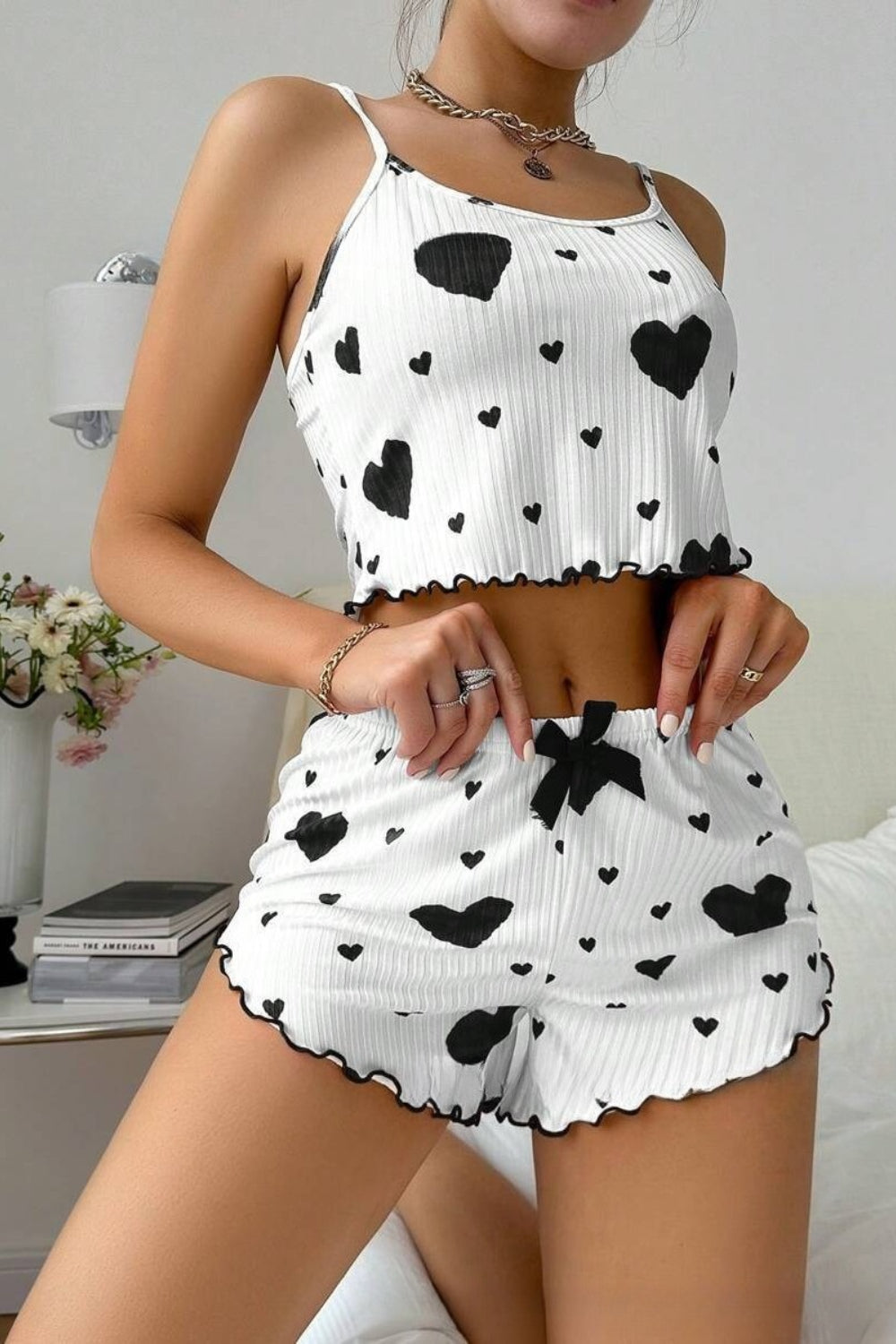 Heart Pattern Ribbed Cami Top Pajama Shorts Set