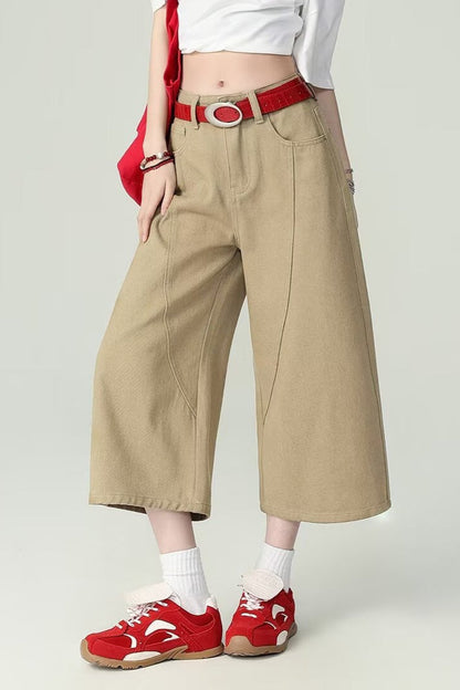 Khaki High Waist Cropped Wide Leg Jeans