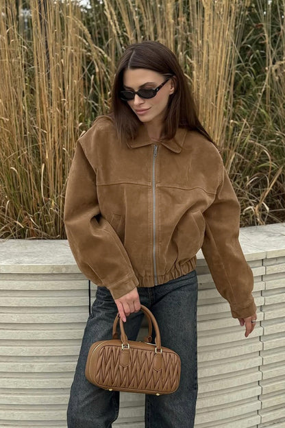 French Suede Notch Collar Trench Coat