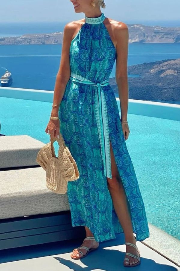 Bohemian Unique Print Slit Belted High Collar Maxi Dress