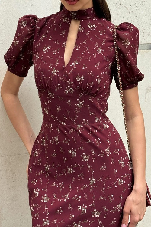 Cutout Stand Collar Puff Sleeve Floral Dress