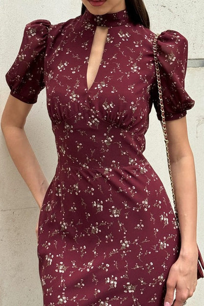Cutout Stand Collar Puff Sleeve Floral Dress
