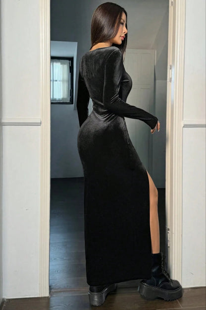 Square Neck Long Sleeve Velvet High Thigh Slit Bodycon Maxi Dress