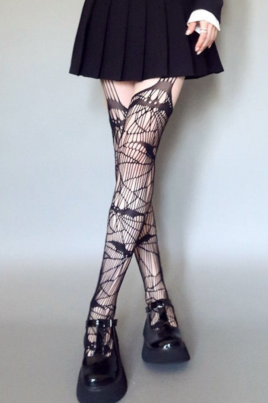 Gothic Bat Fishnet Suspender Thigh-High Stockings