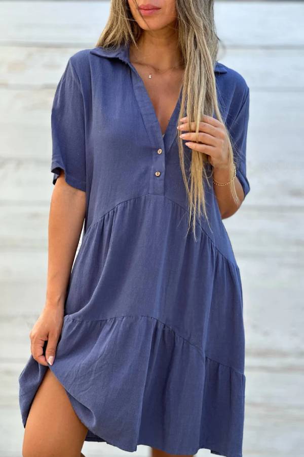 Linen-Blend Shirt Collar Half-Placket Tiered Dress