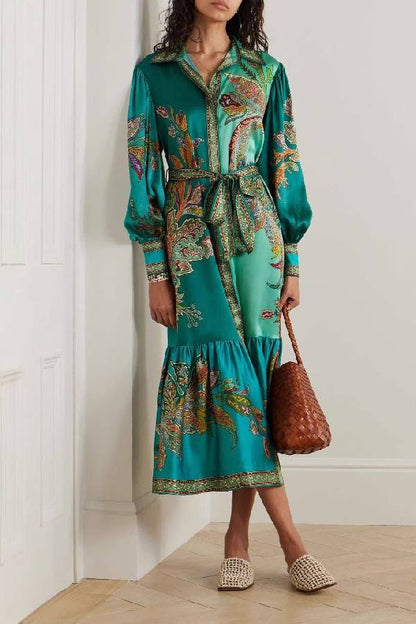 Delicate Satin Floral Print Single Breasted Midi Dress
